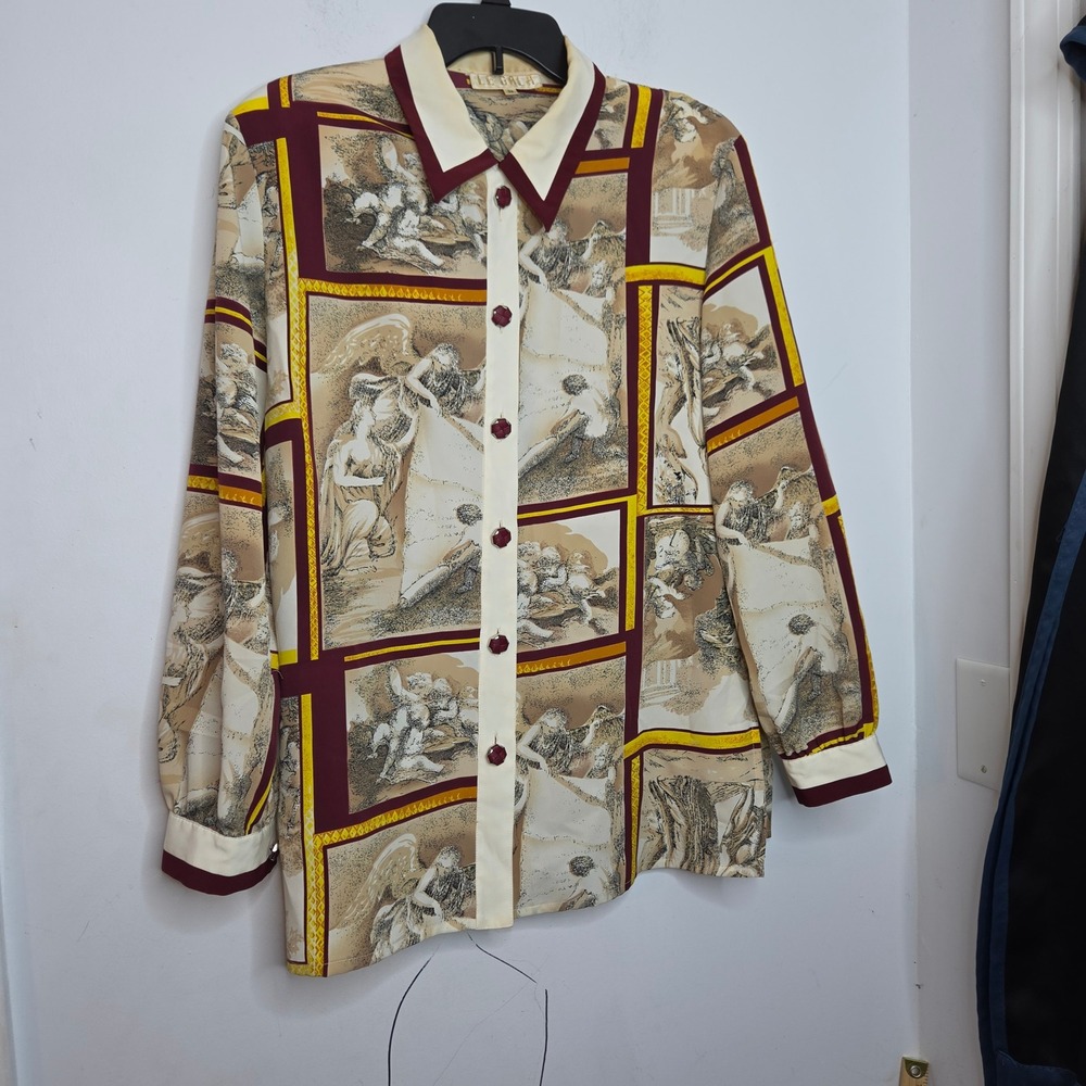 Vintage Le Gala Renaissance Cherub Angel Print Button Down Blouse Burgundy Cream